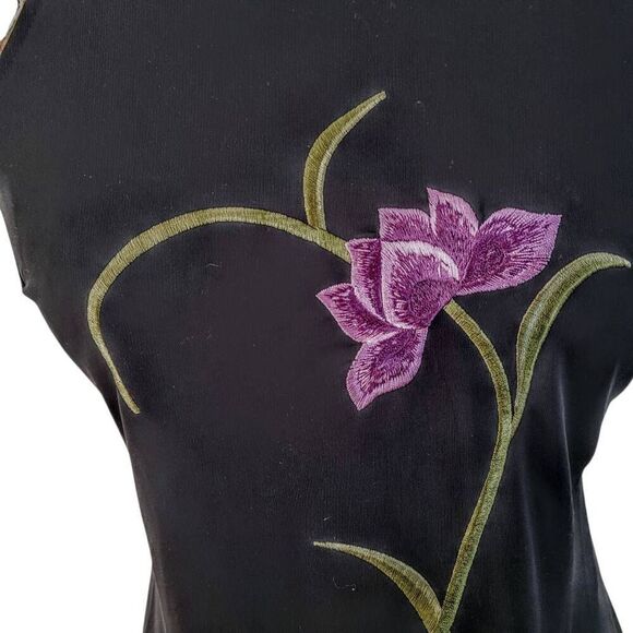 Long Black Gown with Lavender Embroidered Flowers and Crisscross Back Maxi Dress - Picture 13 of 15